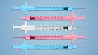 Illustration of 5 syringes with the colors of the trans flag.